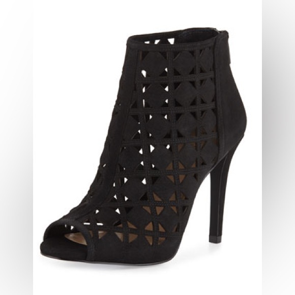 Michael Kors Ivy Black Laser Cut Suede Leather Peep Toe Zip Booties Sz 9… - Picture 1 of 5